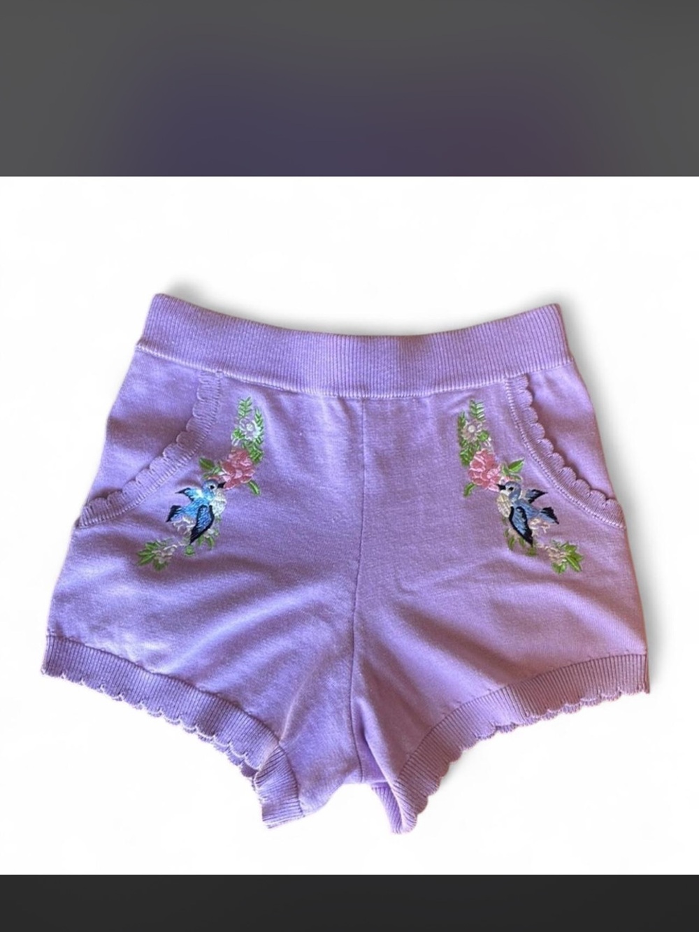 Sugar Thrillz Lavender High-Waist Knit Shorts with Bird Embroidery